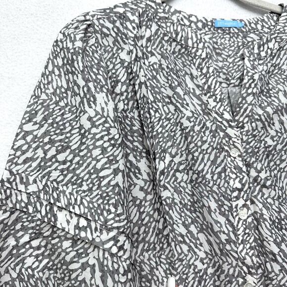 J McLaughlin Leopard Button Up LARGE Silk Blend Blouse Gray V Neck Top Peasant - Picture 5 of 9